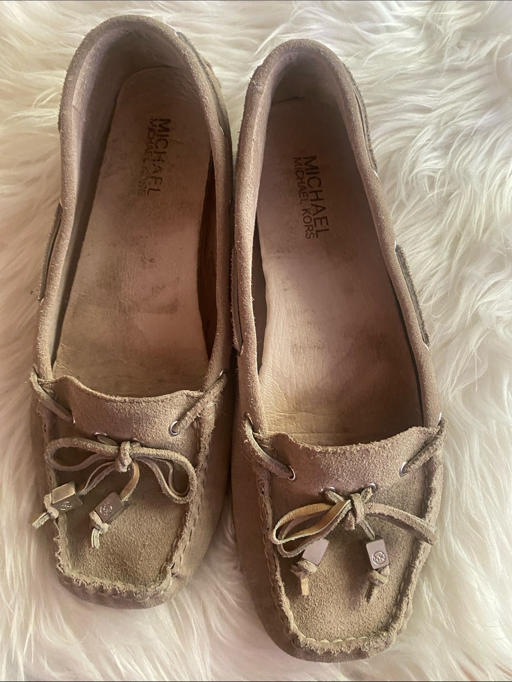 Michael Kors Taupe Suede Moccasins with Bow and Tassel - as is(very distressed)
